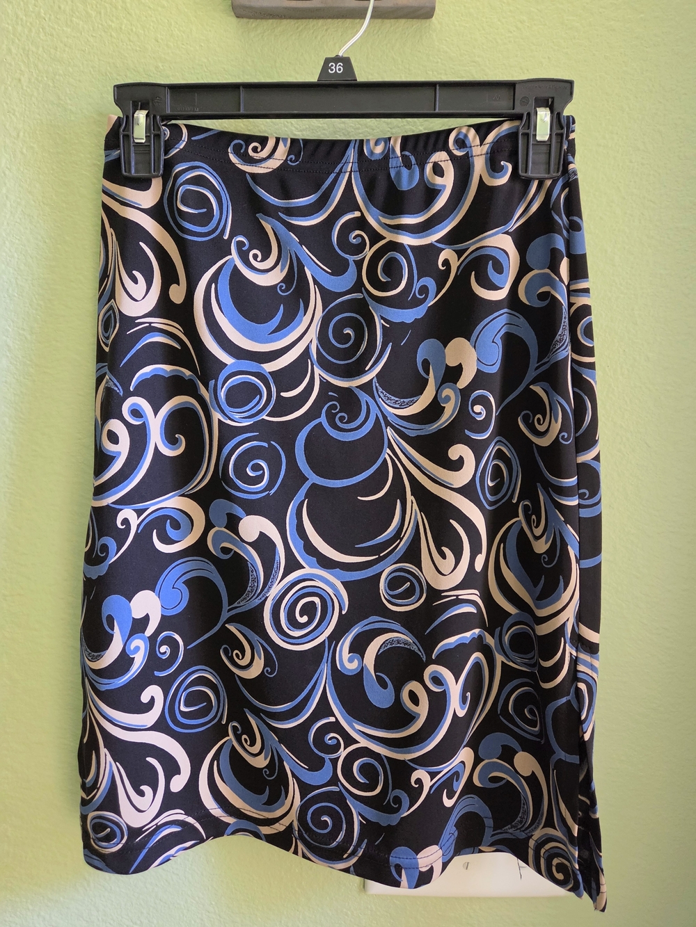 A. Byer Black A-Line Skirt with Blue & Cream Swirl Print